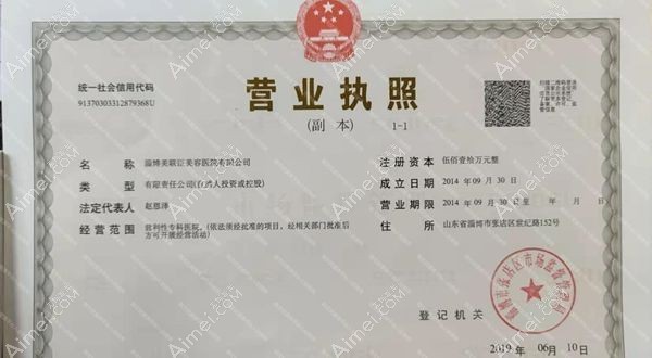 淄博美冠臣美容医院营业执照