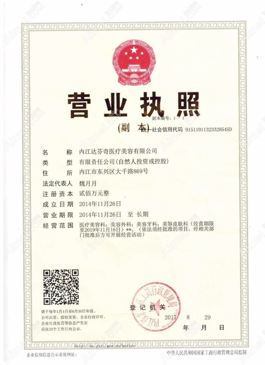 内江达芬奇医疗美容门诊部营业执照