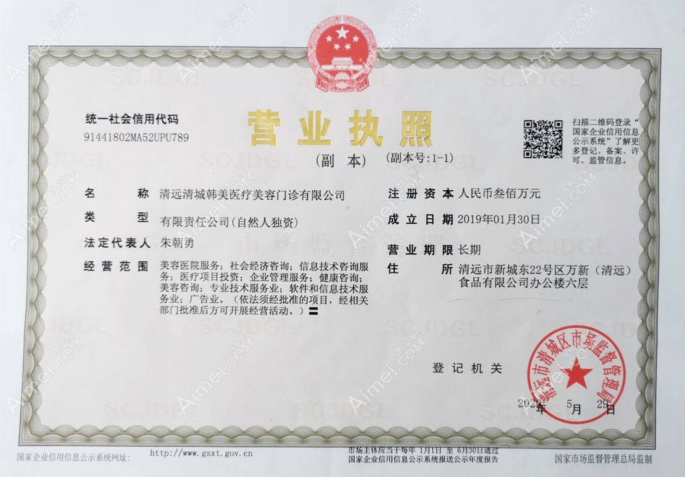 清远清城韩美医疗美容门诊部营业执照
