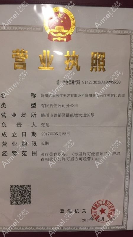 随州奥莱医疗美容门诊部营业执照