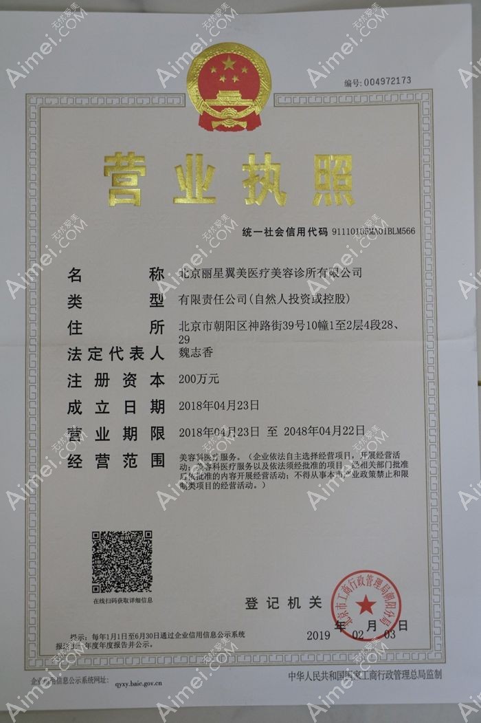 北京丽星翼美医疗美容诊所营业执照