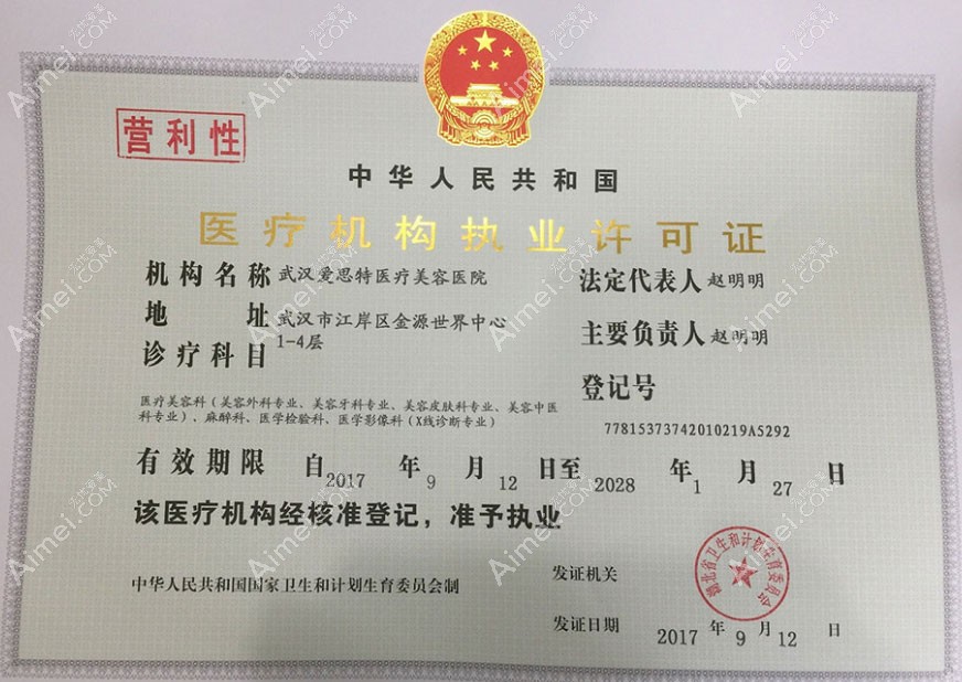 武汉爱思特医疗美容医院医疗机构执业许可证