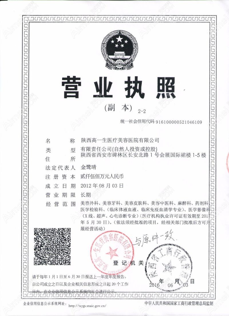 西安高一生医疗美容医院营业执照