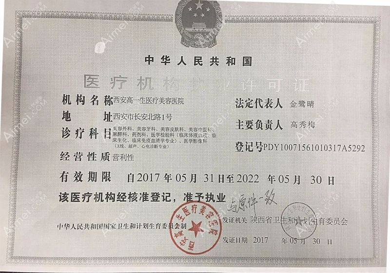 西安高一生医疗美容医院医疗机构执业许可证
