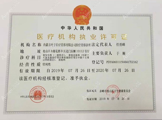 内蒙古叶子医疗美容诊所医疗机构执业许可证