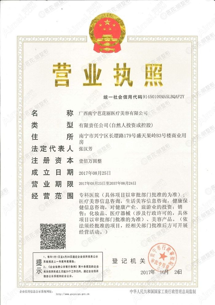 南宁芭芘丽医疗美容诊所营业执照