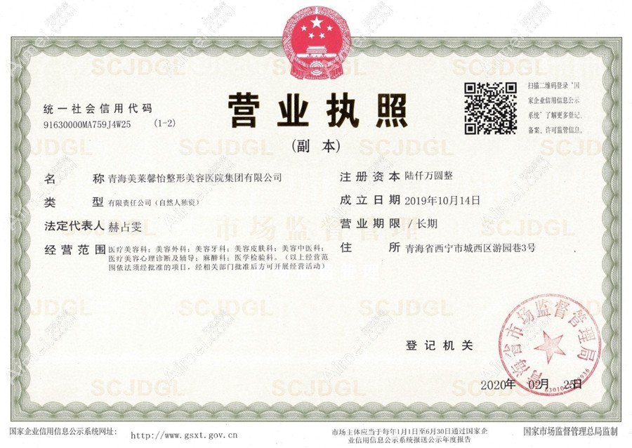 青海美莱馨怡整形美容医院营业执照